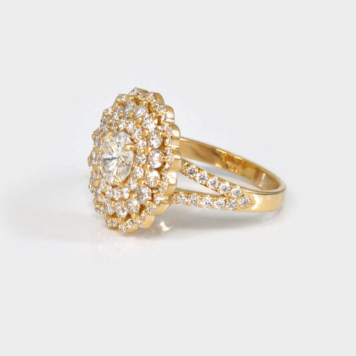 White Diamond Triple Halo Ring in Yellow Gold