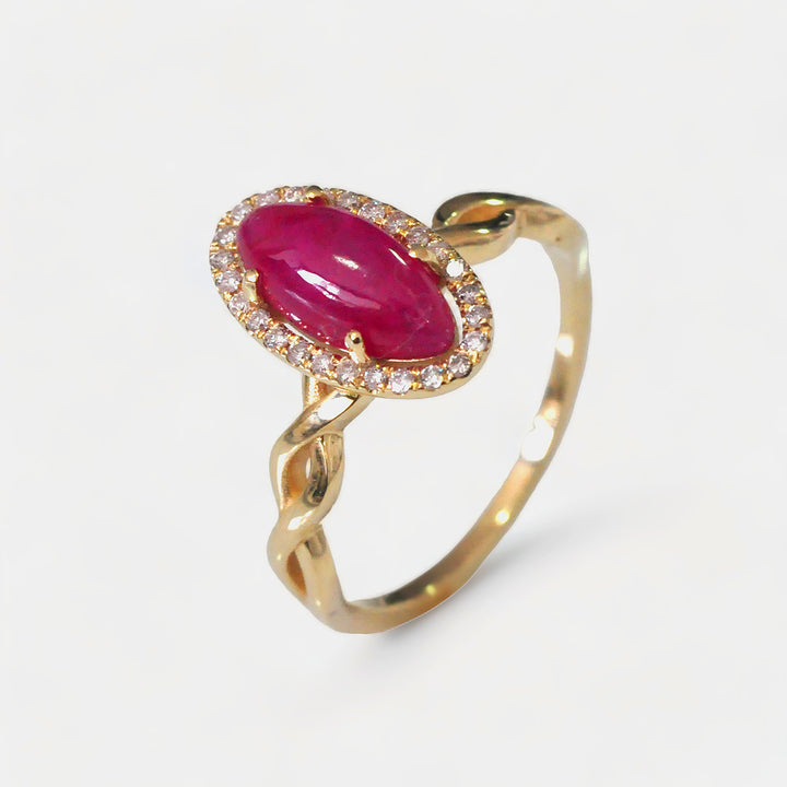 Long Oval Cabochon Ruby Halo Diamonds Ring