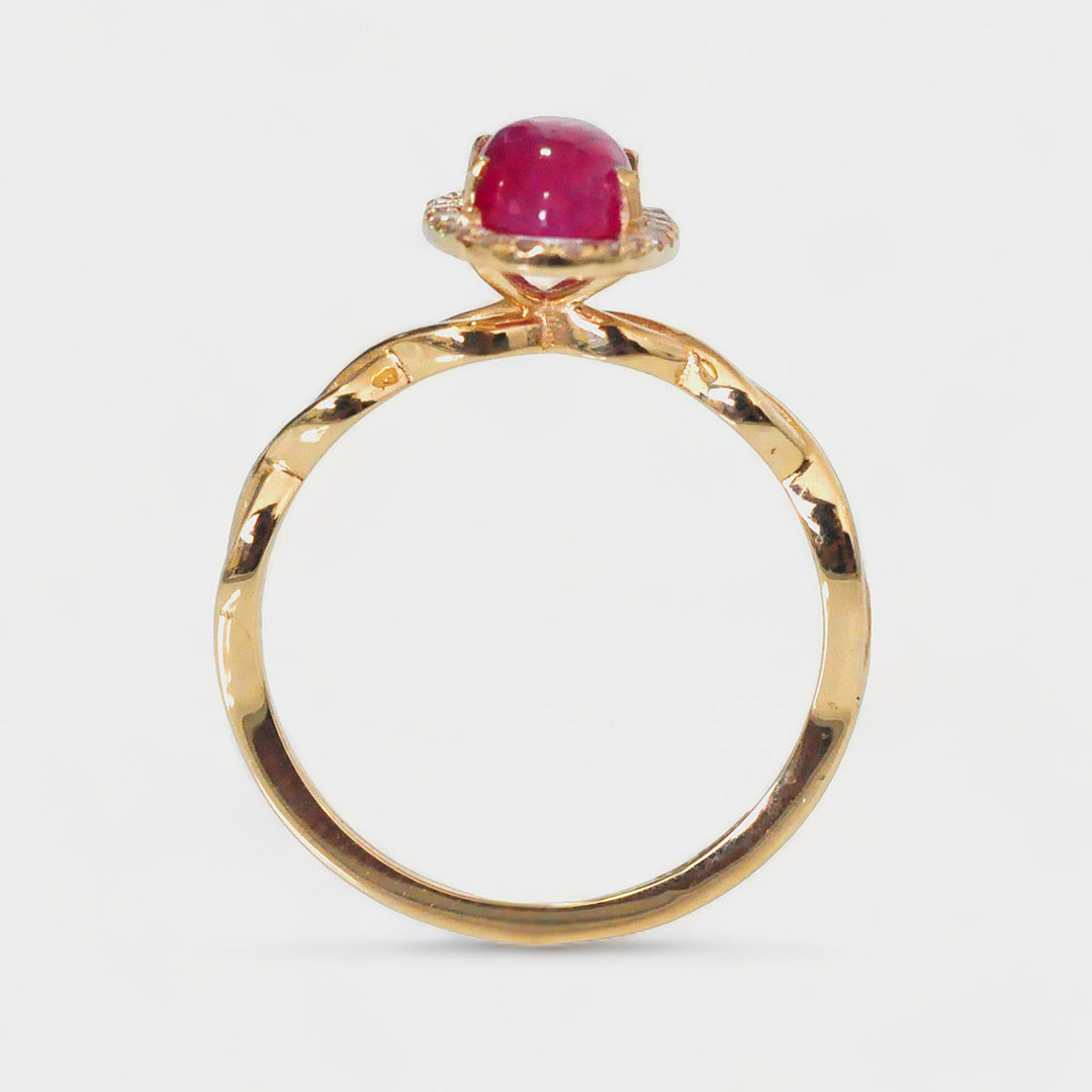 Long Oval Cabochon Ruby Halo Diamonds Ring