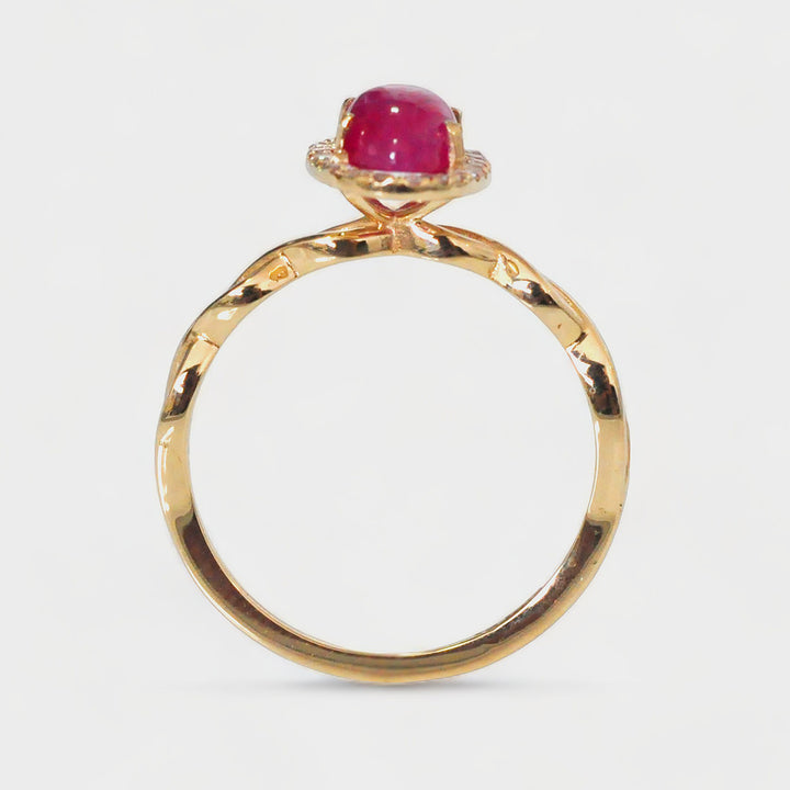 Long Oval Cabochon Ruby Halo Diamonds Ring