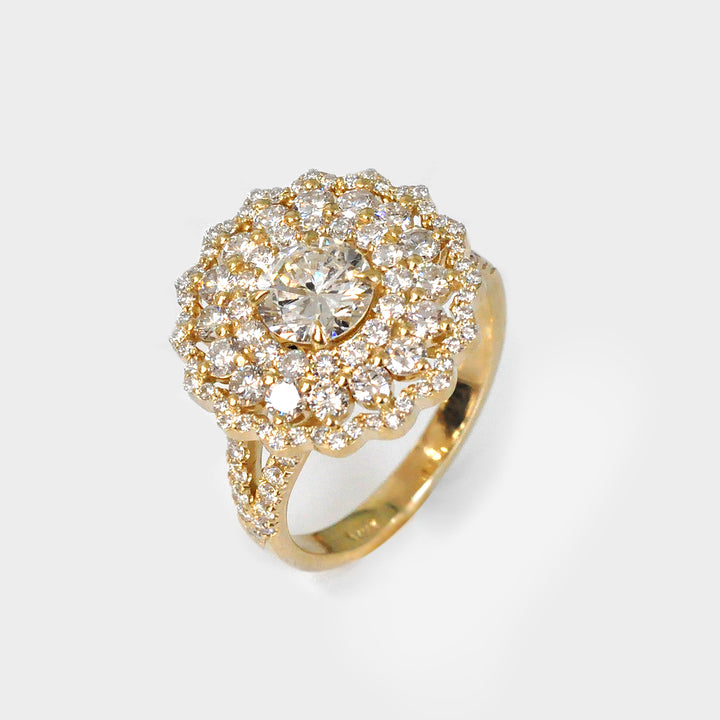 White Diamond Triple Halo Ring in Yellow Gold