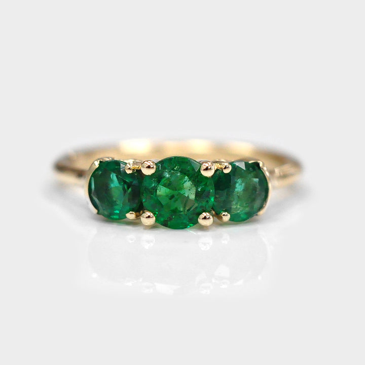 Natural Three Stones Emerald and Diamonds Ring