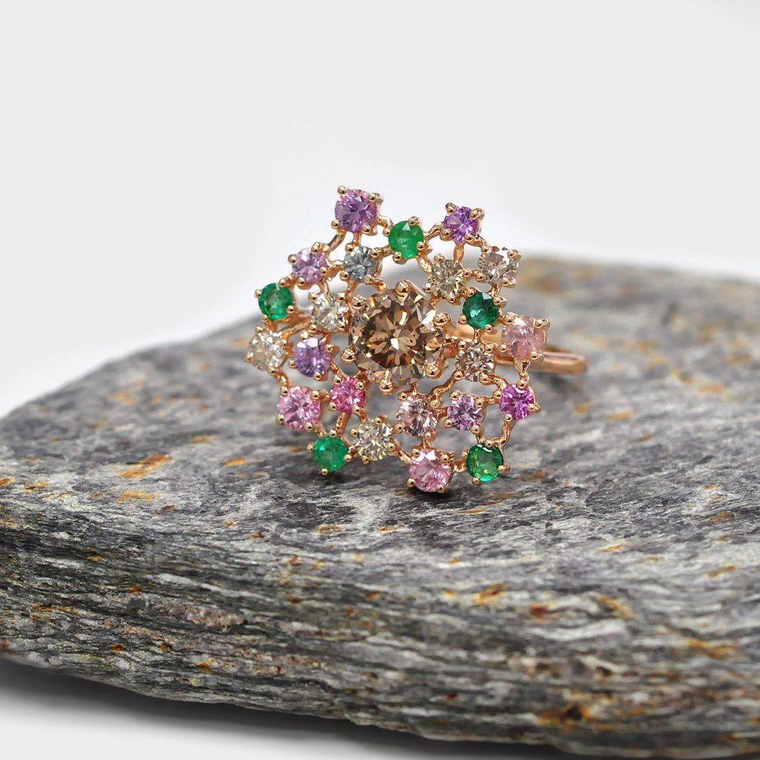 Colorful Diamonds and Gemstones Cluster Ring in Rose Gold