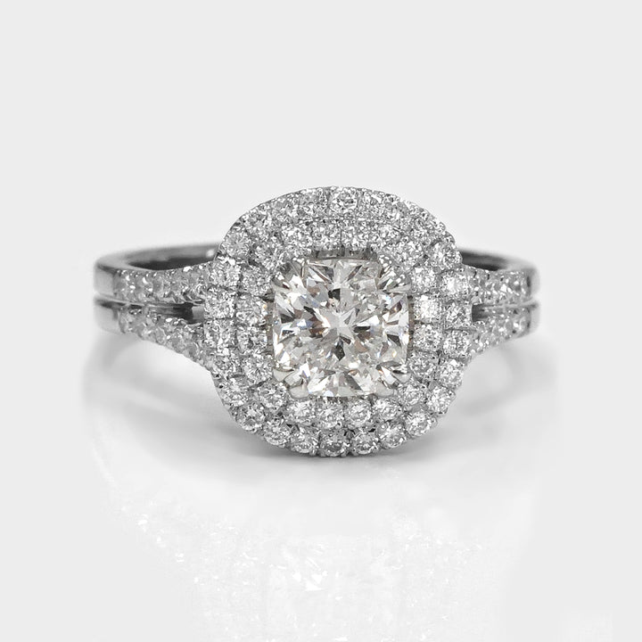 Split Shank Cushion cut White Diamond Double Halo Ring