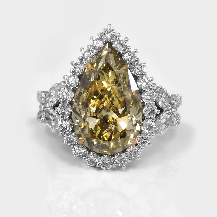 Big Greenish Yellow  Pear Shape Diamond Engagement Ring
