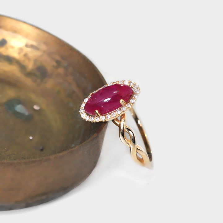 Long Oval Cabochon Ruby Halo Diamonds Ring