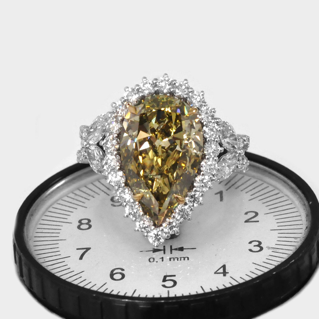 Big Greenish Yellow  Pear Shape Diamond Engagement Ring