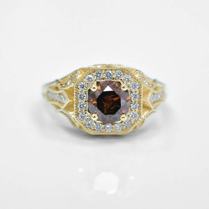 Fancy Orange Diamond Halo Ring in Yellow Gold