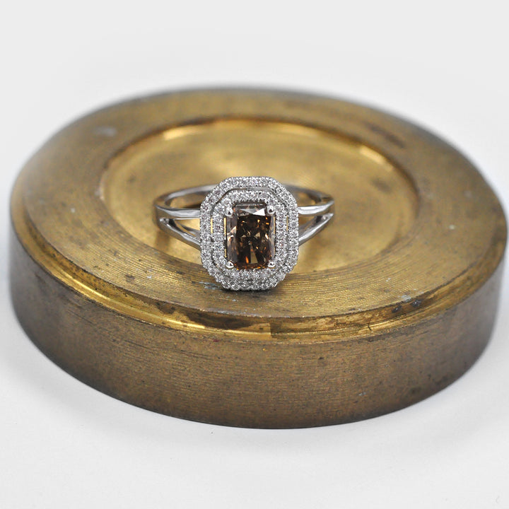 Orangy Brown Diamond Double Halo Engagement Ring