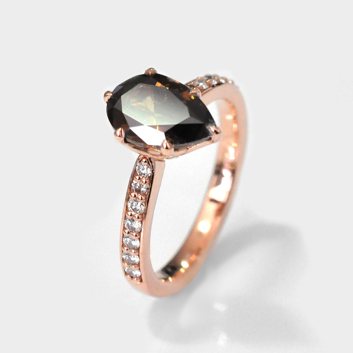 Dark brown Pear shape Diamond Ring with side diamonds