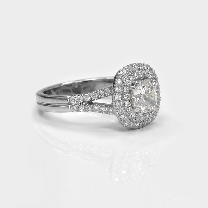 Split Shank Cushion cut White Diamond Double Halo Ring