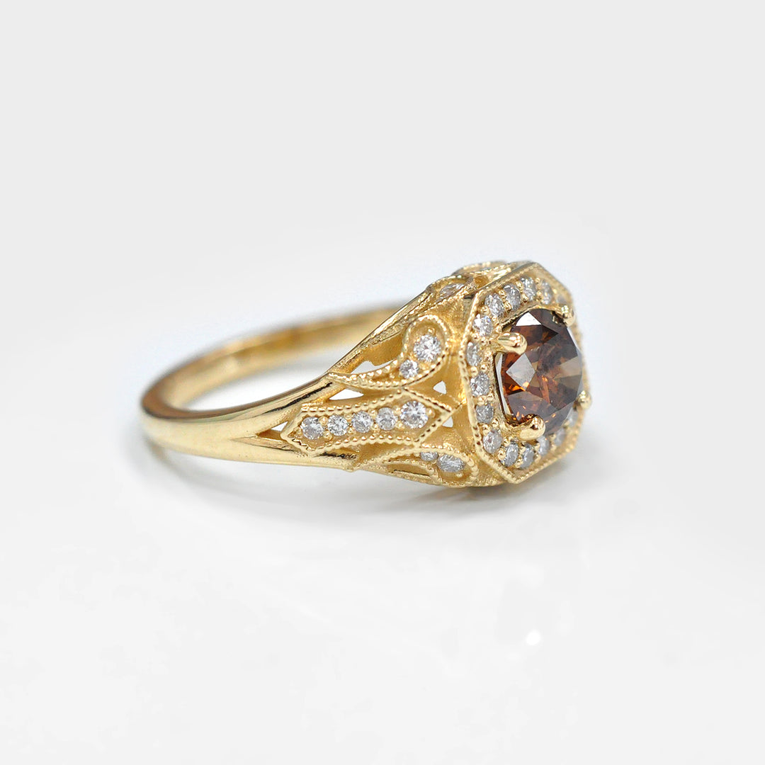 Fancy Orange Diamond Halo Ring in Yellow Gold