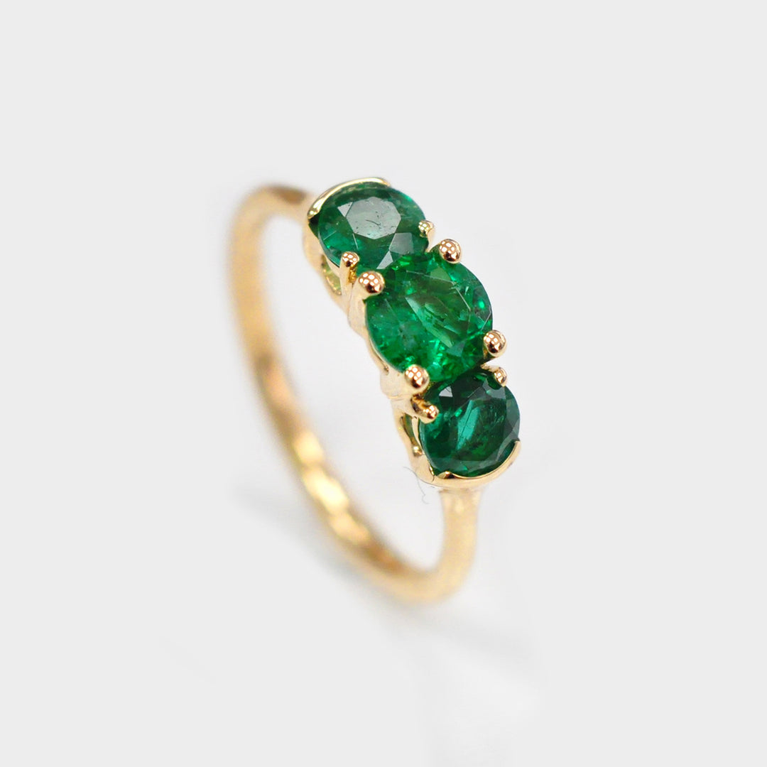 Natural Three Stones Emerald and Diamonds Ring