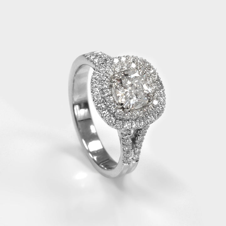 Split Shank Cushion cut White Diamond Double Halo Ring