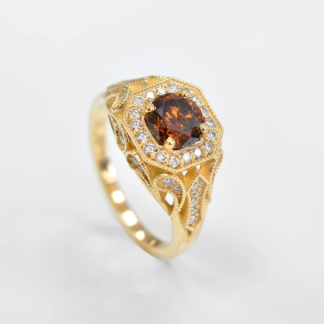Fancy Orange Diamond Halo Ring in Yellow Gold