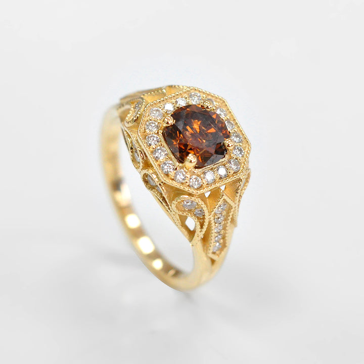 Fancy Orange Diamond Halo Ring in Yellow Gold