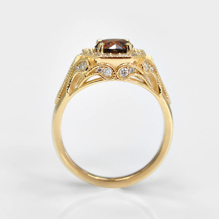 Fancy Orange Diamond Halo Ring in Yellow Gold
