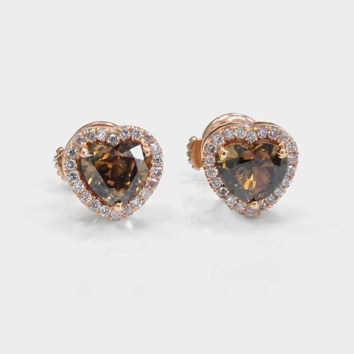 Heart Shape Fancy Brown Diamonds Halo Earrings