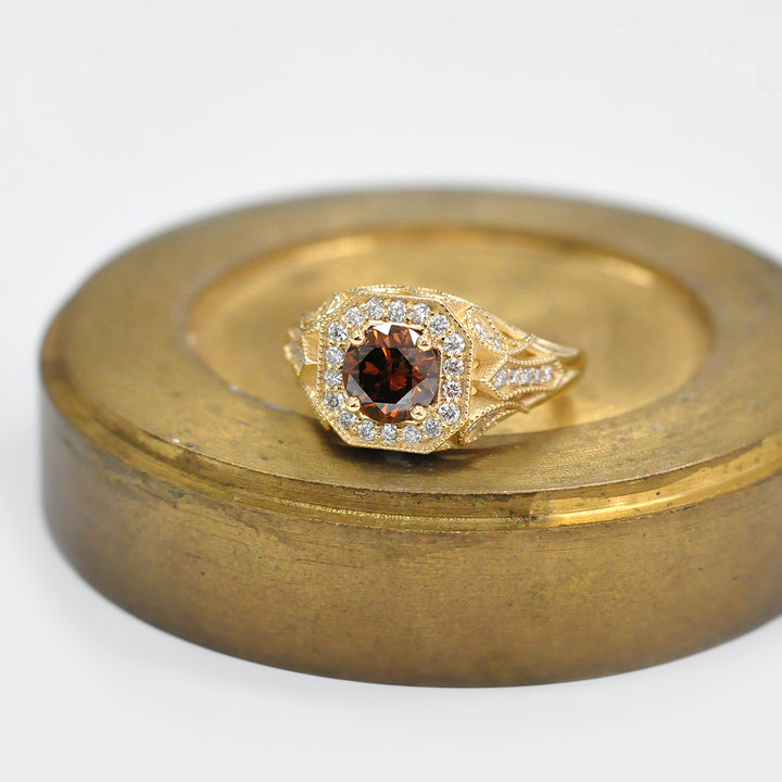 Fancy Orange Diamond Halo Ring in Yellow Gold