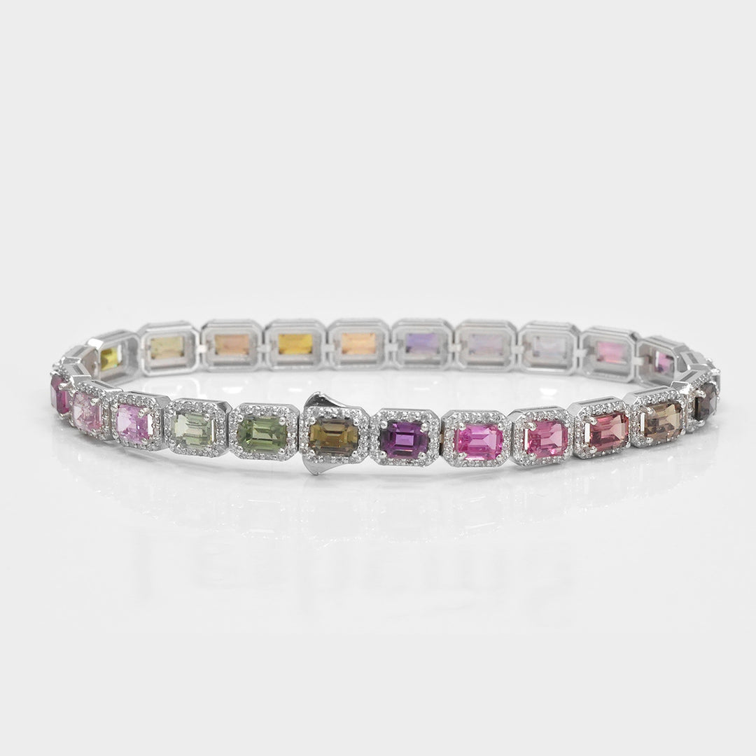 Fancy Emerald Cut Sapphire and Diamonds Halo Bracelet
