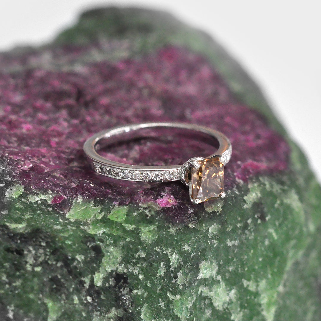 Fancy Brown Radiant Diamond and Side Diamonds Ring.
