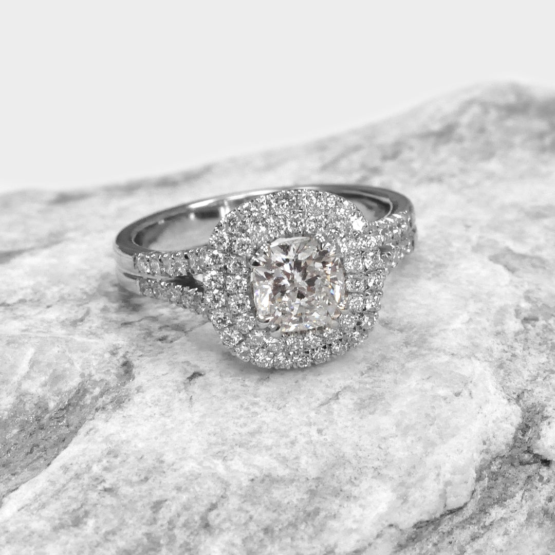 Split Shank Cushion cut White Diamond Double Halo Ring