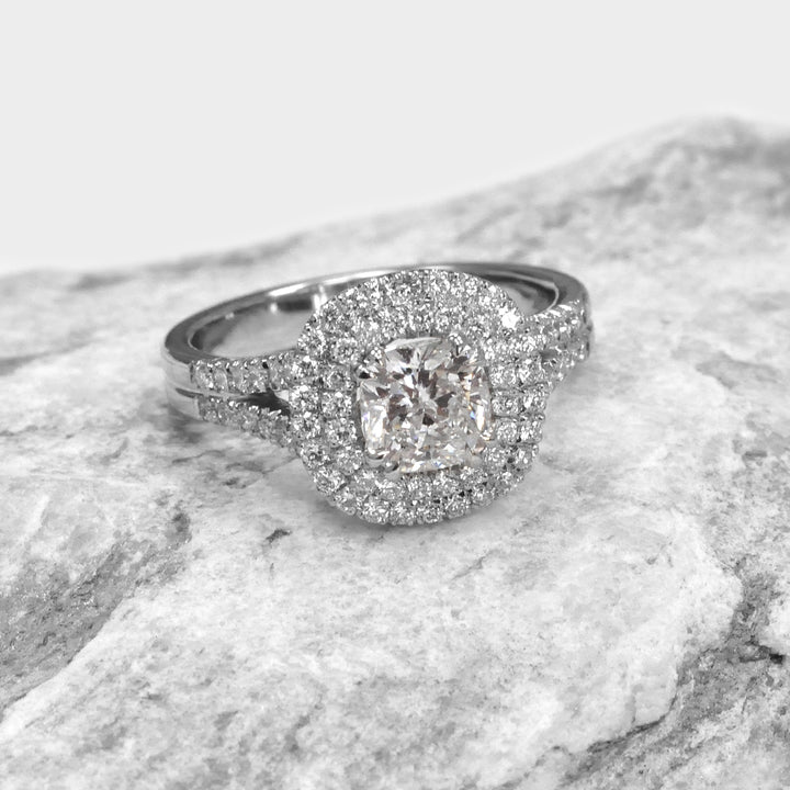 Split Shank Cushion cut White Diamond Double Halo Ring