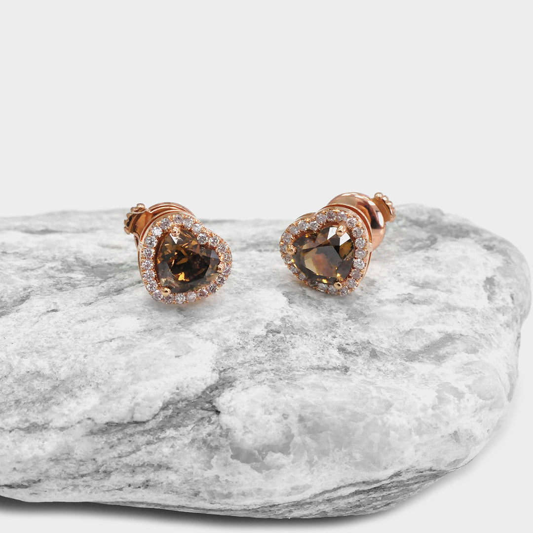 Heart Shape Fancy Brown Diamonds Halo Earrings