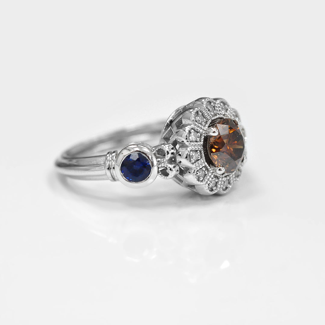 Fancy Diamond and Blue Sapphires Vintage Style Ring