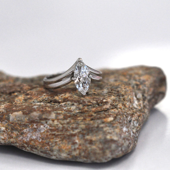 white gold marquise diamond Double V shank Solitaire