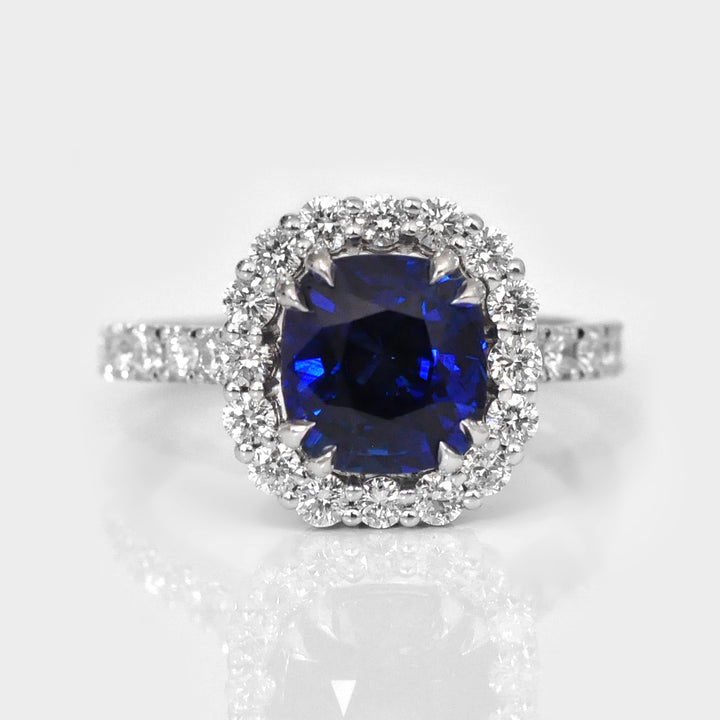 Cushion Blue Sapphire &amp; Diamonds Engagement Ring