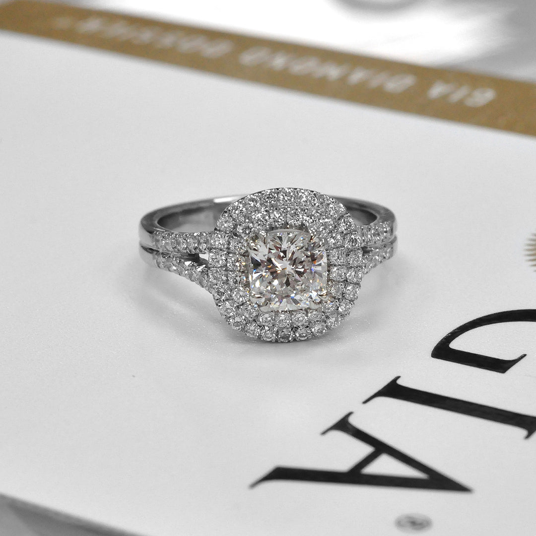 Split Shank Cushion cut White Diamond Double Halo Ring