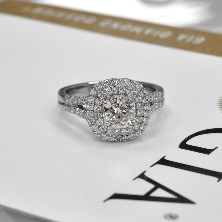 Split Shank Cushion cut White Diamond Double Halo Ring
