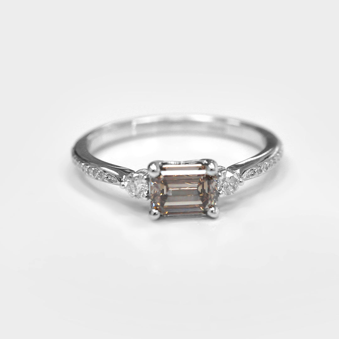 Light Brown Emerald Cut Diamond and Side Diamonds Ring