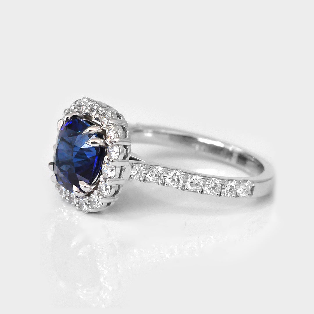 Cushion Blue Sapphire &amp; Diamonds Engagement Ring