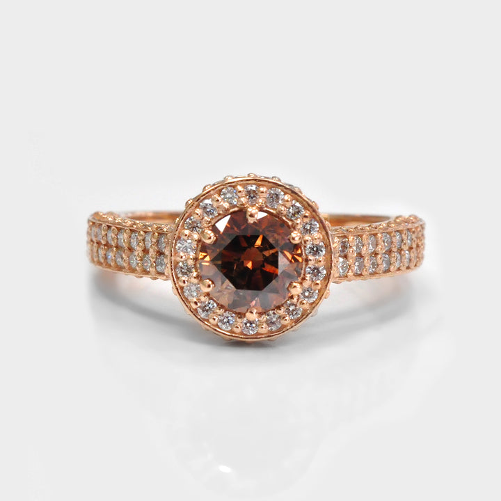 Round Fancy Deep Orange &amp; Side Diamonds Halo Ring