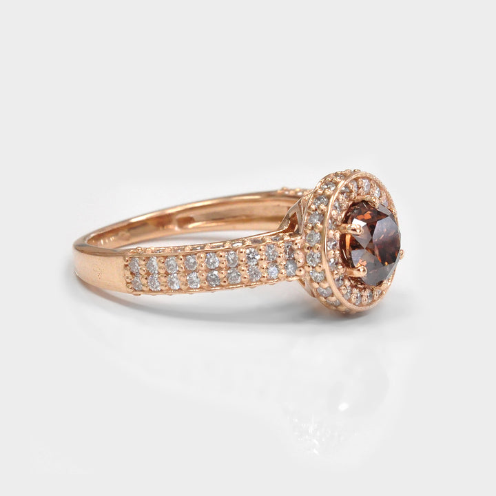 Round Fancy Deep Orange &amp; Side Diamonds Halo Ring