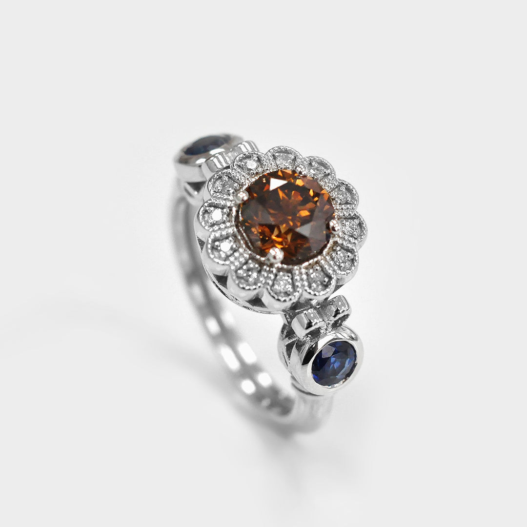 Fancy Diamond and Blue Sapphires Vintage Style Ring