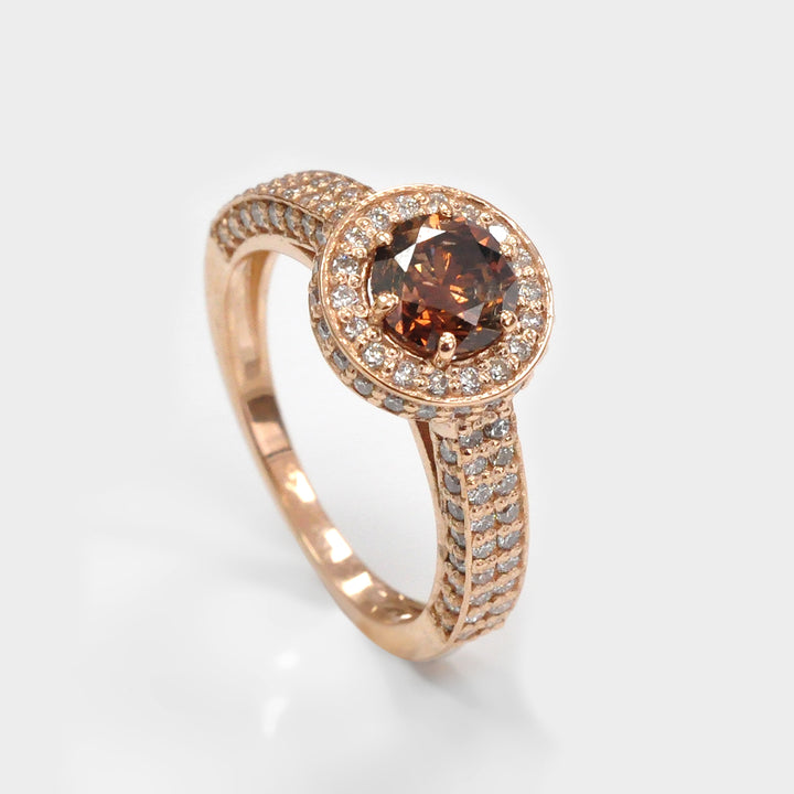 Round Fancy Deep Orange &amp; Side Diamonds Halo Ring