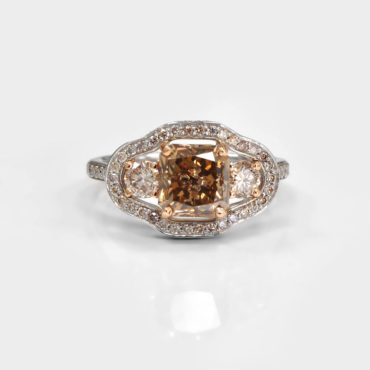 Fancy Brown Three Stone Unique Halo Engagement Ring
