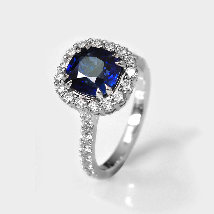 Cushion Blue Sapphire &amp; Diamonds Engagement Ring