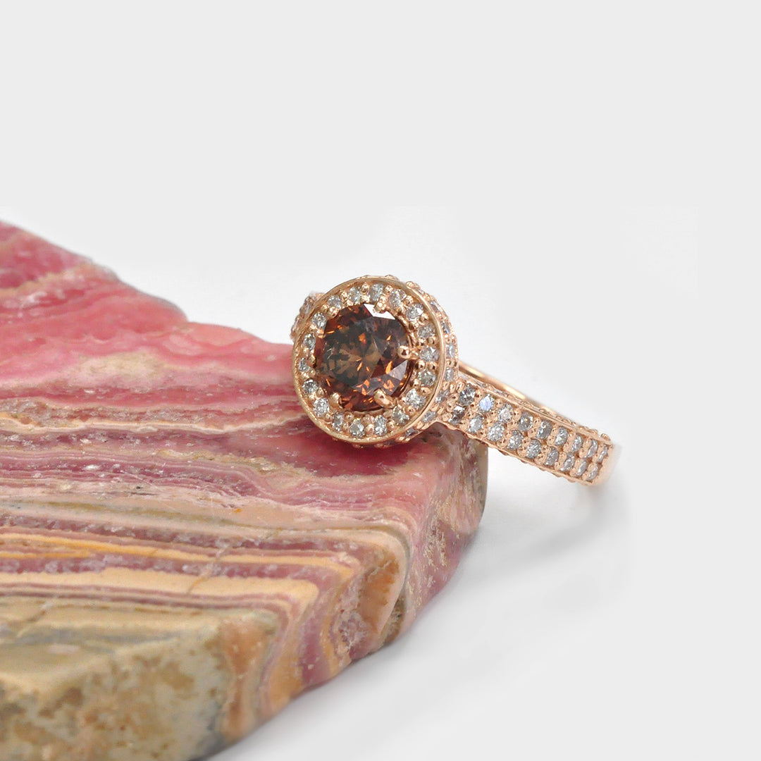 Round Fancy Deep Orange &amp; Side Diamonds Halo Ring