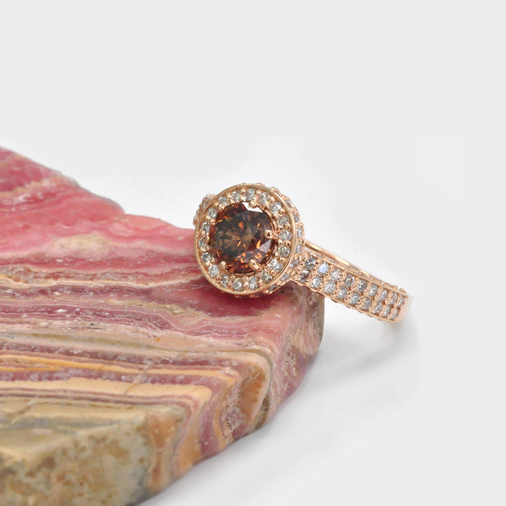 Round Fancy Deep Orange &amp; Side Diamonds Halo Ring
