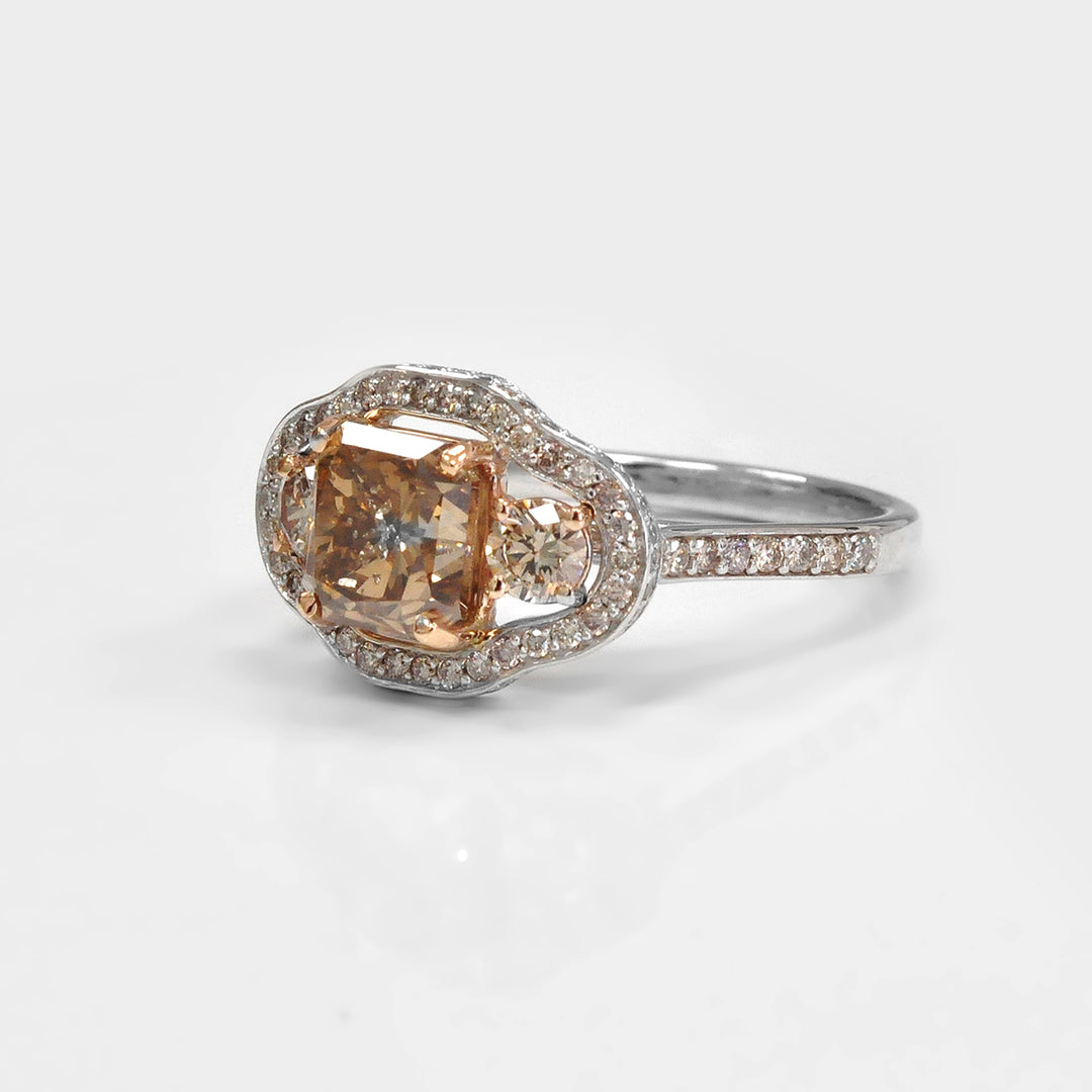 Fancy Brown Three Stone Unique Halo Engagement Ring