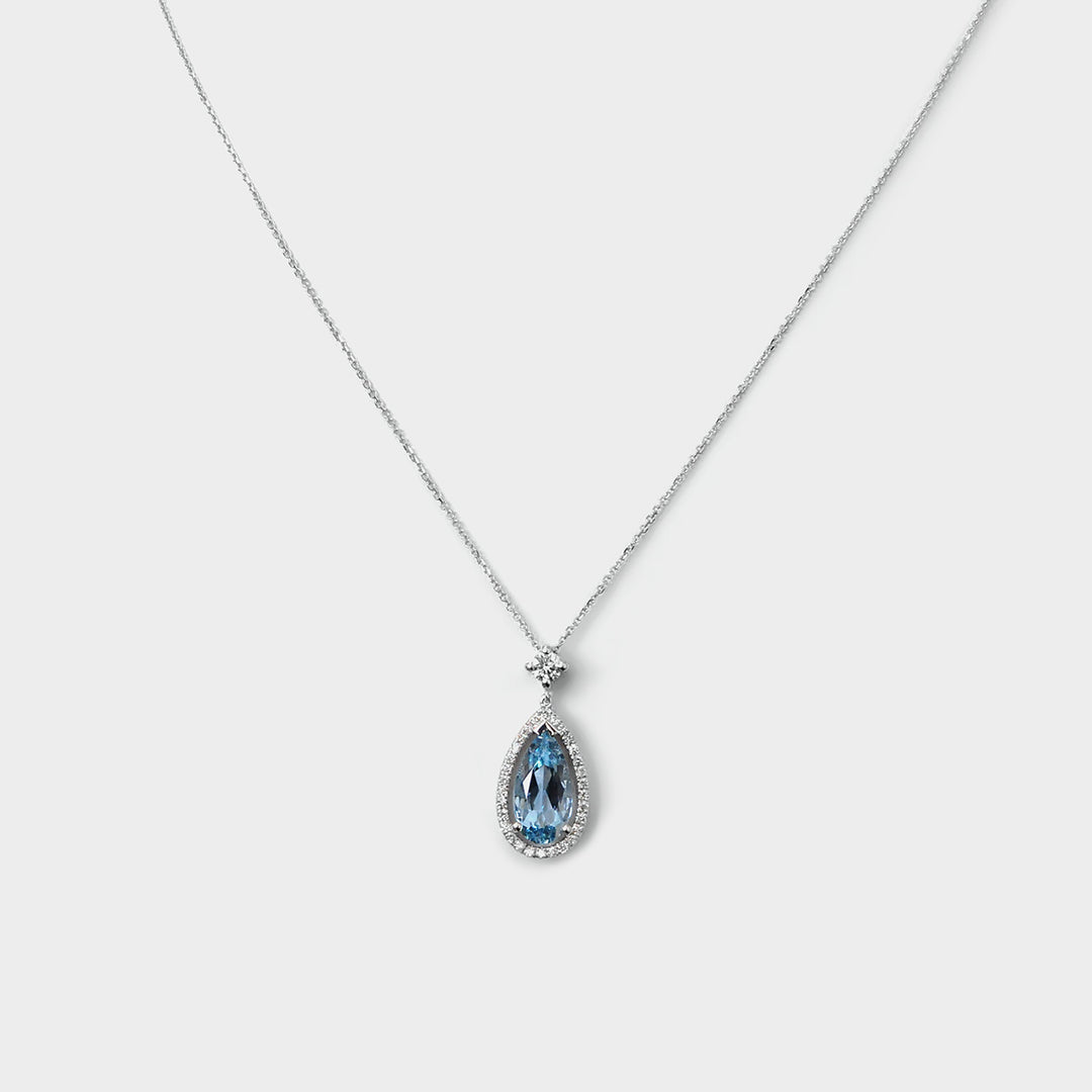 Long Pear Shape Aquamarine and Diamonds Halo Pendant