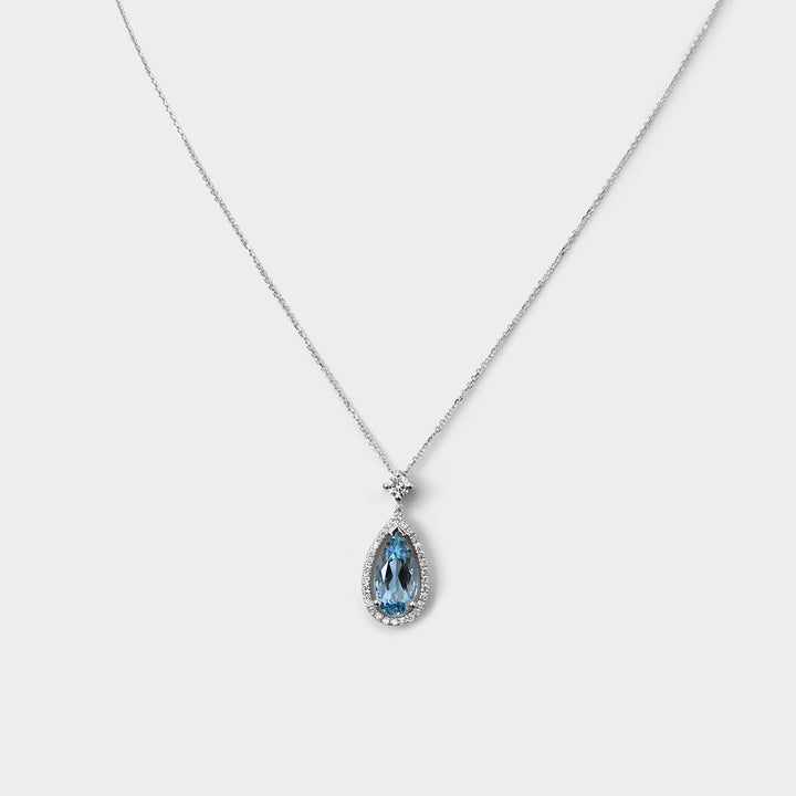 Long Pear Shape Aquamarine and Diamonds Halo Pendant
