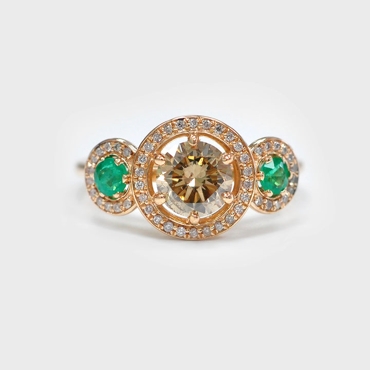 Fancy Diamond and Green Emeralds Ring in Rose Gold