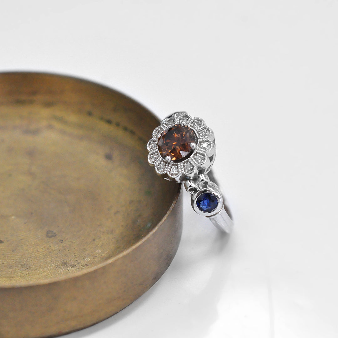 Fancy Diamond and Blue Sapphires Vintage Style Ring