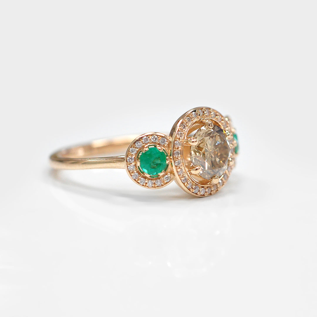Fancy Diamond and Green Emeralds Ring in Rose Gold