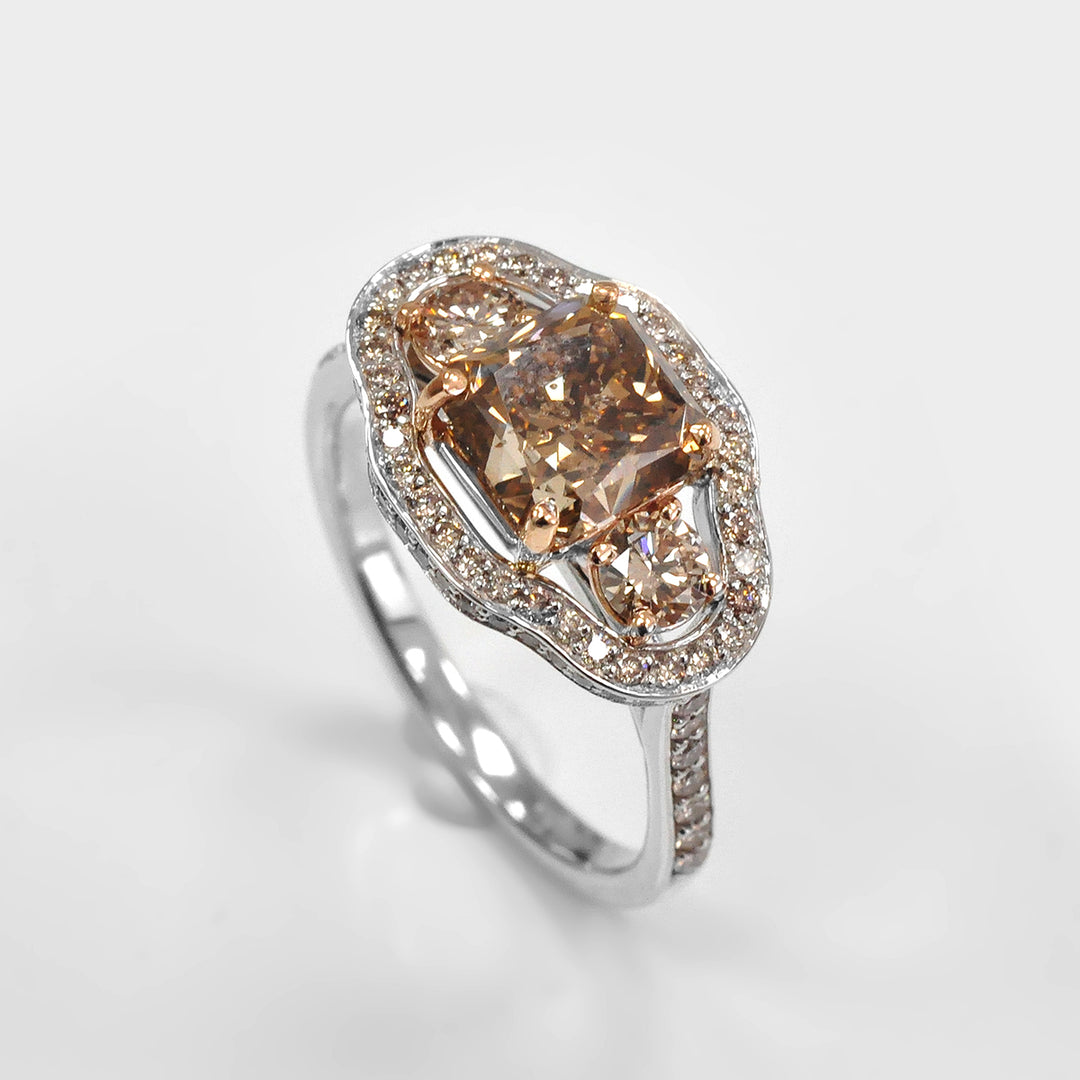 Fancy Brown Three Stone Unique Halo Engagement Ring